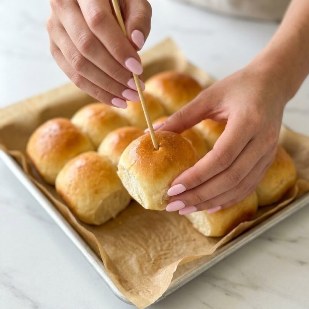 Square close-up shot focusing on a young woman's hands with baby pink manicured nails using a wooden skewer to poke holes into the tops of a block of Hawaiian rolls on a white marble counter.