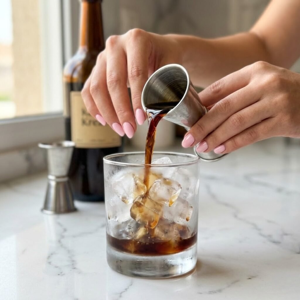 Square close-up shot focusing on a young woman's hands with baby pink manicured nails pouring dark coffee liqueur into an ice-filled short glass on a white marble counter.