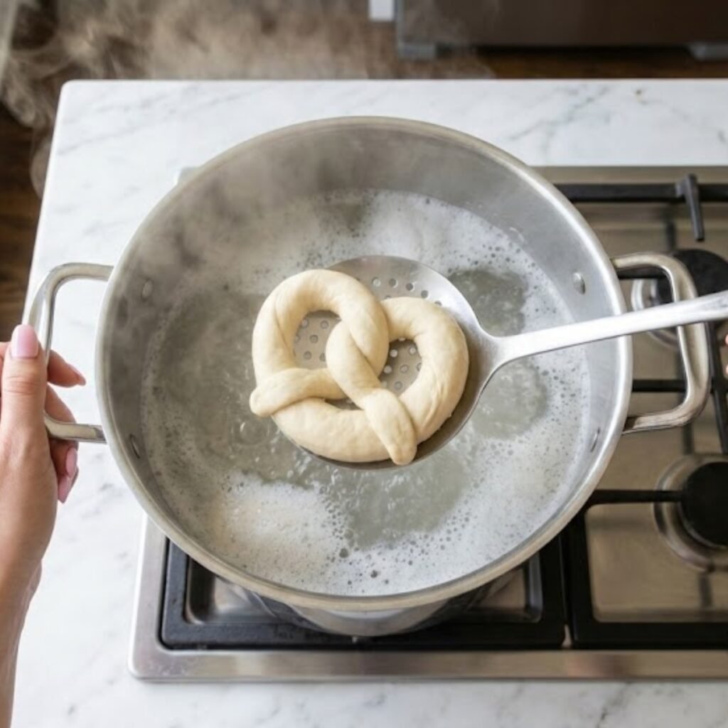Overhead view of hands with pink nails lifting a pretzel from a boiling baking soda bath with a slotted spoon.