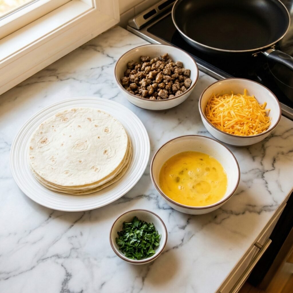 Overhead view of ingredients for Sausage Egg Cheese Roll Ups, including tortillas, cooked sausage, shredded cheese, whisked eggs, and parsley on a wooden board.