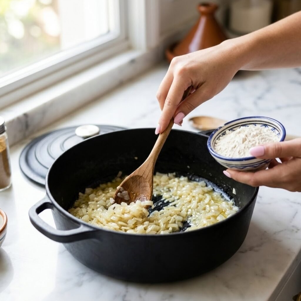 Square high-angle shot focusing on a young woman's hands with baby pink manicured nails stirring translucent onions in a large pot with a wooden spoon on a white marble counter.