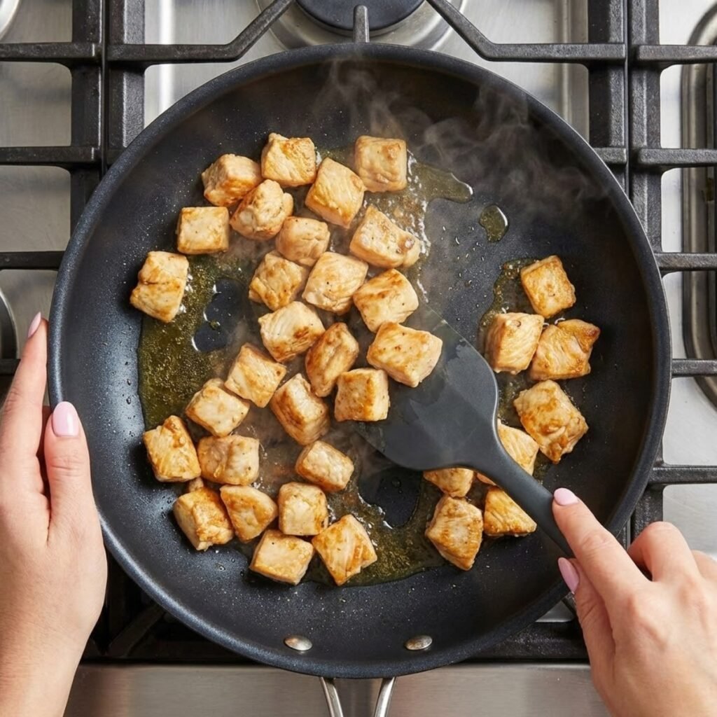 Close-up overhead view of hands using a spatula to sear golden brown cubed chicken in a hot skillet.