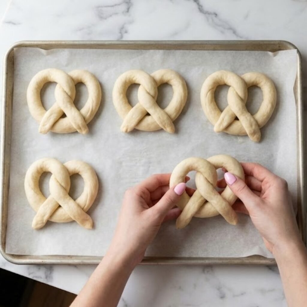 Close-up overhead shot of hands with pink nails twisting dough into a pretzel shape on parchment paper.