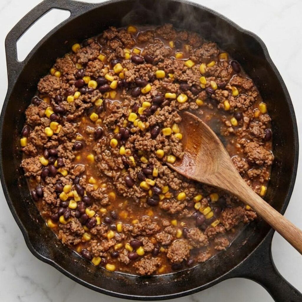 A black cast-iron skillet filled with a cooked mixture of browned ground beef, black beans, and corn, with a wooden spoon resting in it.
