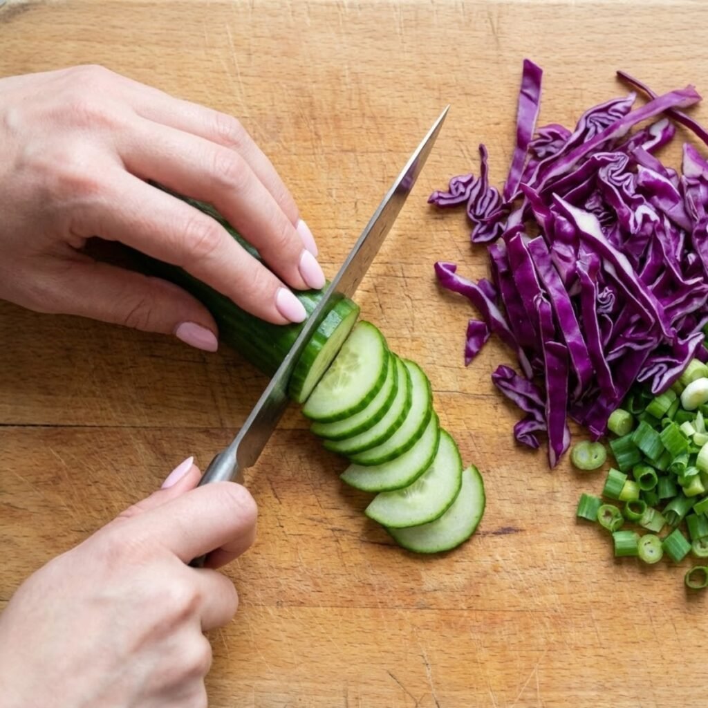 Close-up overhead view of hands slicing fresh cucumbers on a cutting board next to shredded cabbage and green onions.