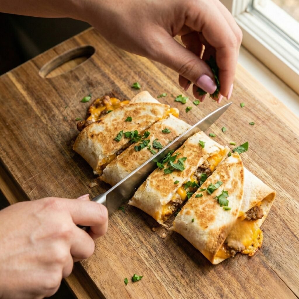 Close-up overhead view of two women's hands with pink nails slicing and garnishing toasted breakfast roll ups with parsley.