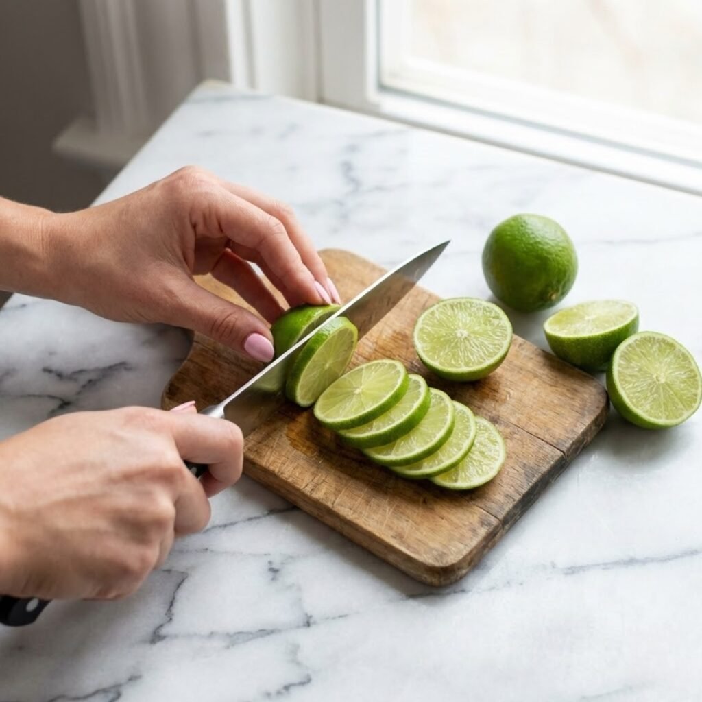 Close-up overhead view of hands using a knife to slice fresh green limes into rounds on a wooden cutting board.