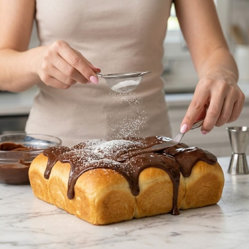 Square close-up focusing on a young woman's hands with baby pink manicured nails spreading glossy chocolate ganache over custard-filled rolls and dusting them with powdered sugar on a white marble counter.