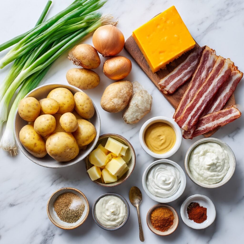 Ingredients for Steakhouse Potato Salad arranged in a 4-panel flat lay on a white marble kitchen counter.