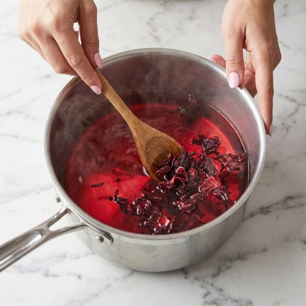 Close-up overhead view of hands stirring dried hibiscus flowers into steaming hot water in a stainless steel saucepan on a marble counter.