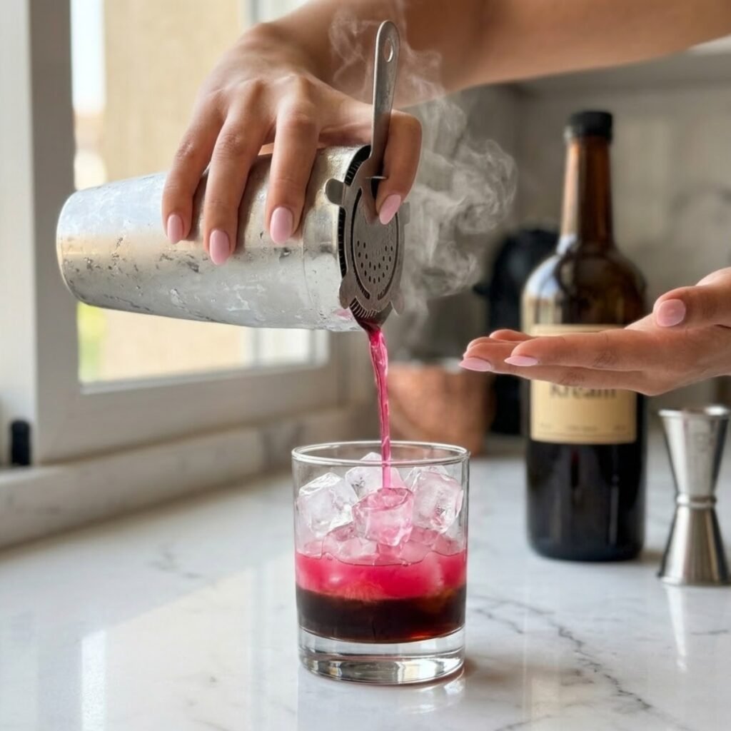 Square shot focusing on a young woman's hands with baby pink manicured nails straining a bright pink cherry cocktail mixture from a silver shaker into a short glass over a dark coffee layer on a white marble counter.