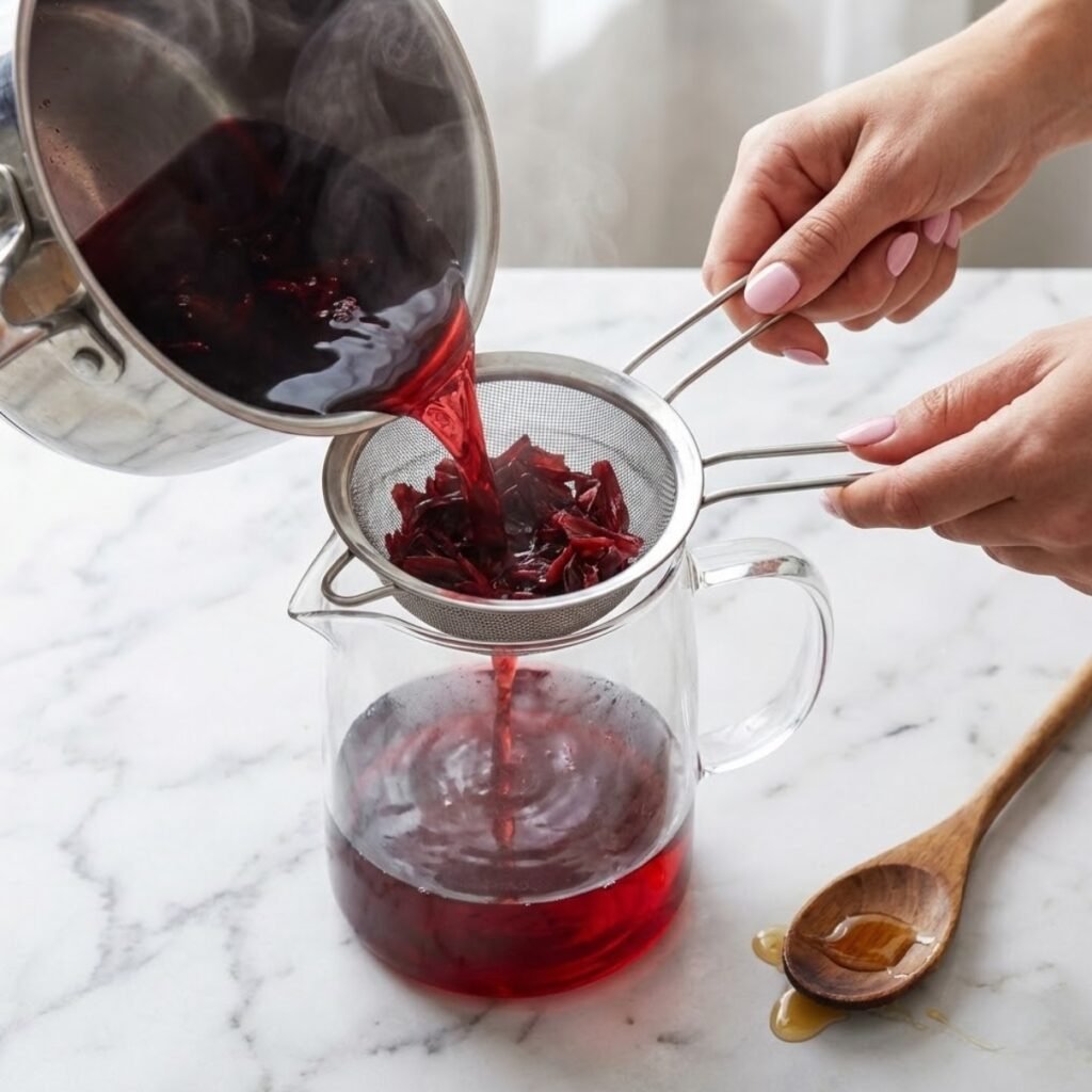 Close-up overhead view of hands pouring hot hibiscus tea through a fine-mesh strainer into a glass pitcher to remove the petals.