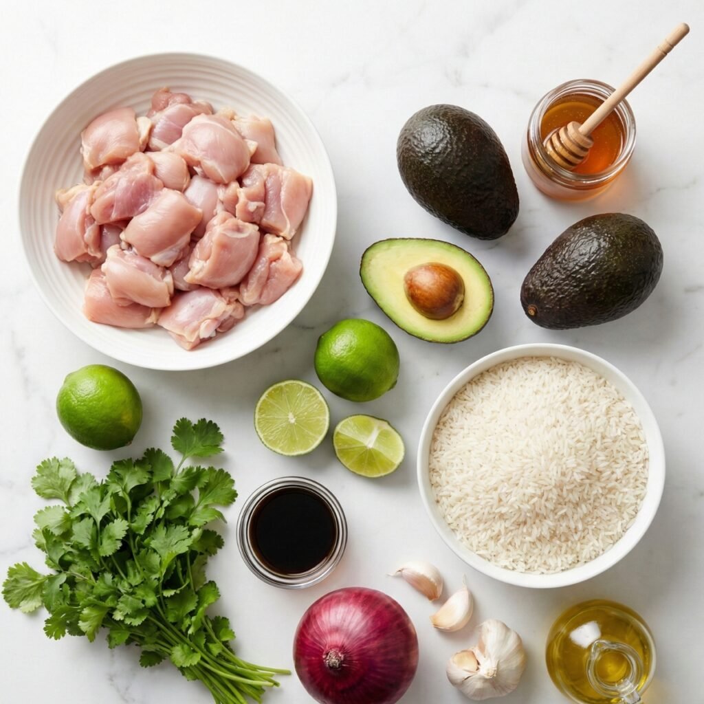 Ingredients for Tangy Honey Lime Chicken & Avocado Rice Stack arranged in a 4-panel flat lay on a white marble kitchen counter.