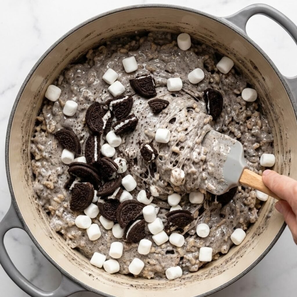 The secret to perfect texture is folding in large Oreo chunks and reserved mini marshmallows after the grey cookies-and-cream base mix has cooled for two minutes.