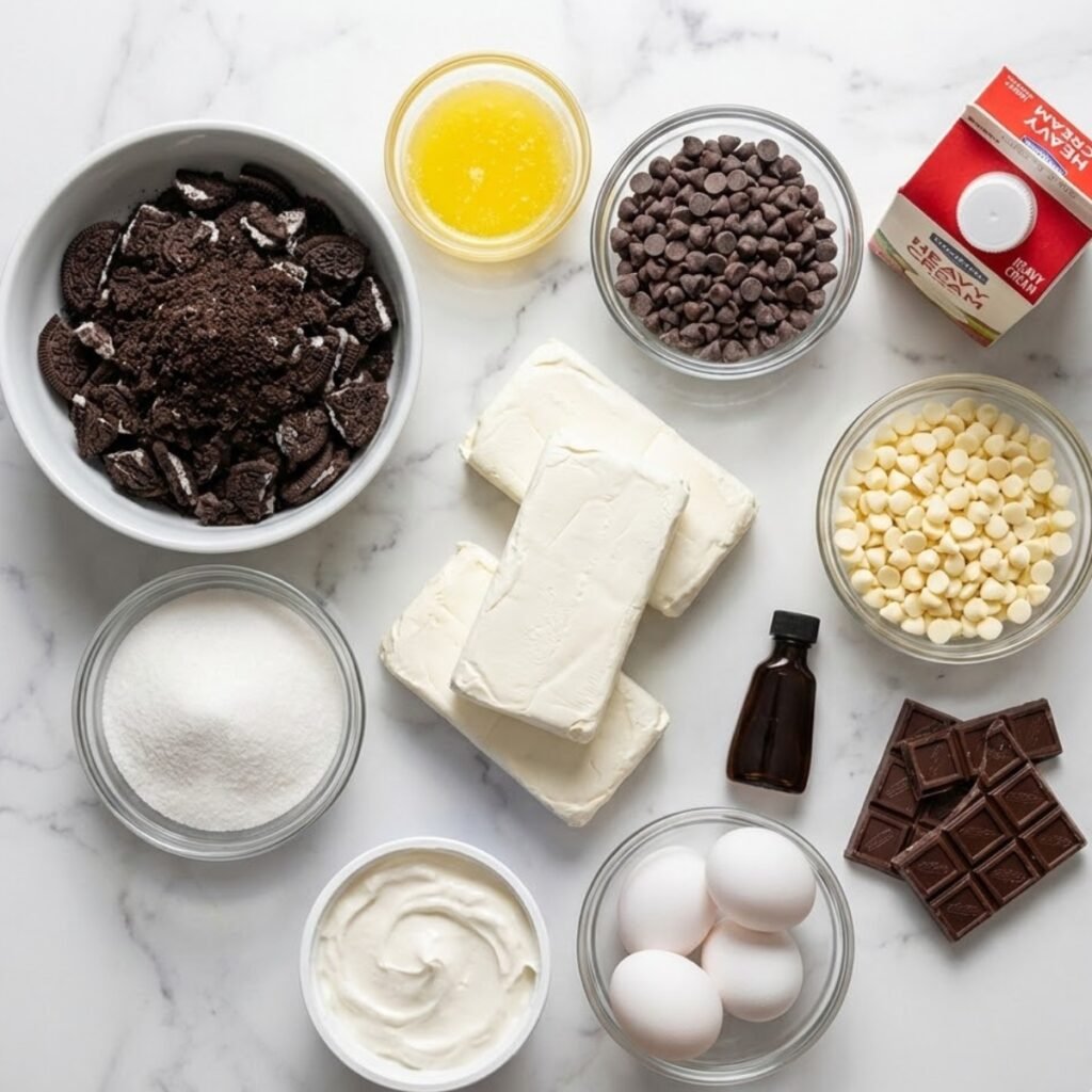 A square overhead flat lay of the ingredients for Triple Chocolate Cheesecake: Oreo cookies, cream cheese blocks, sugar, sour cream, and chocolate chips on a white marble surface.