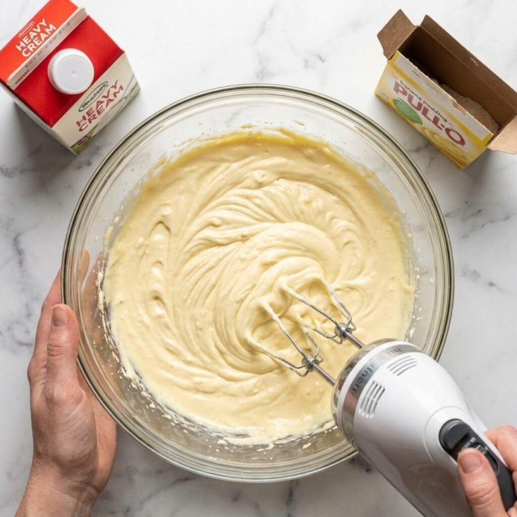 This step involves beating the softened cream cheese and dry pudding mix together until smooth, then slowly streaming in heavy cream and beating until stiff peaks form.