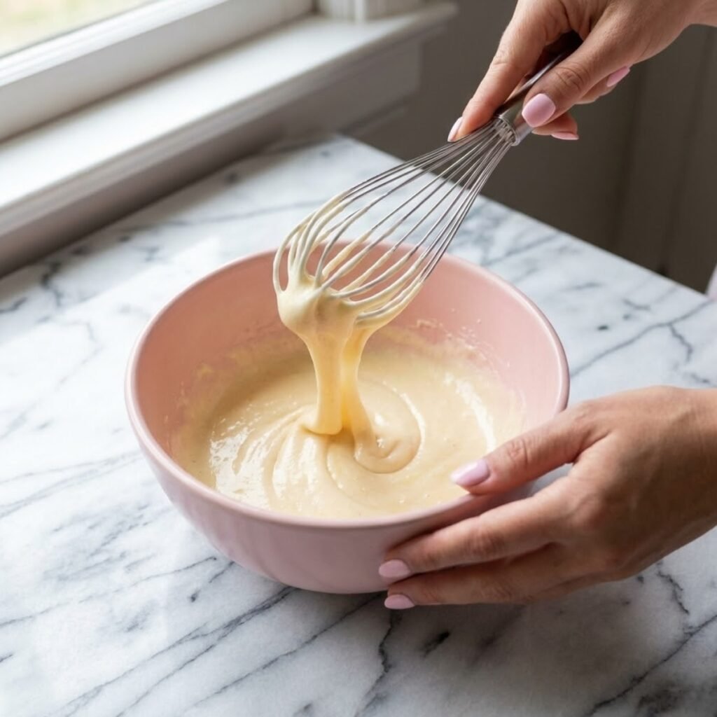 Close-up overhead view of hands whisking egg and sugar mixture in a bowl until pale and ribbon-like.