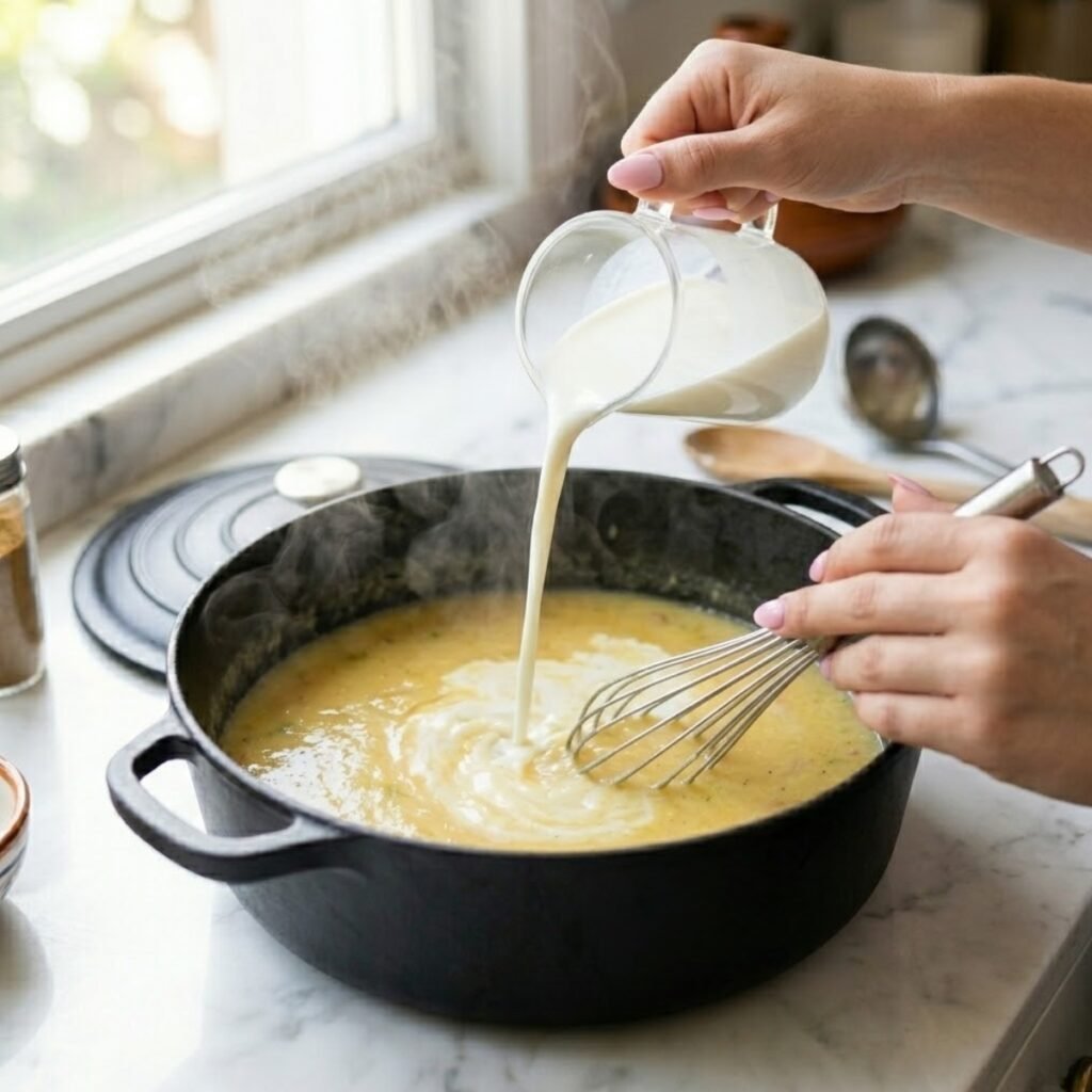 Square high-angle shot focusing on a young woman's hands with baby pink manicured nails pouring whole milk into a pot of thick soup while whisking on a white marble counter.