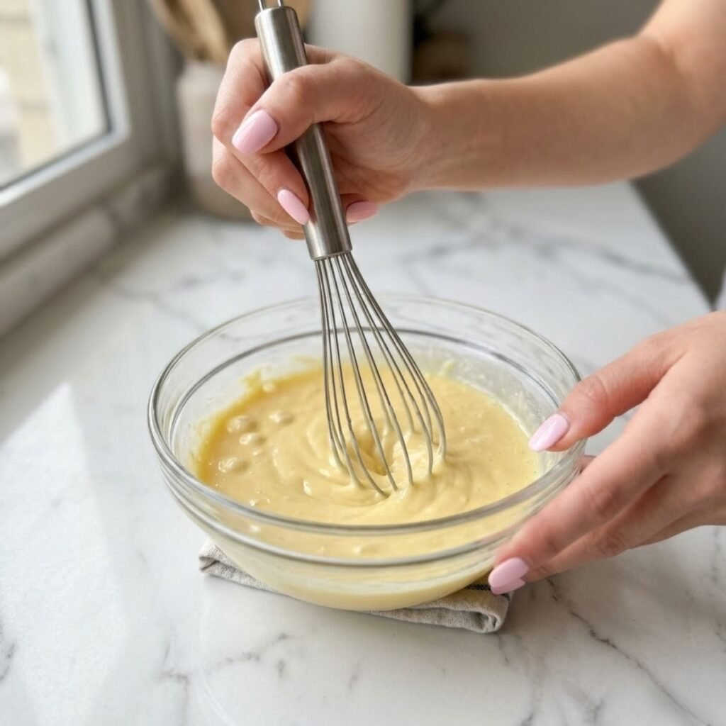 Square high-angle shot focusing on a young woman's hands with baby pink manicured nails whisking vanilla pudding and milk together in a glass bowl on a white marble counter.