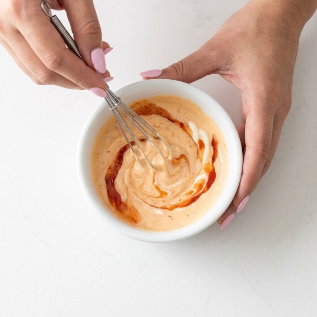 Close-up overhead view of hands whisking the creamy, pale orange Bang Bang sauce in a small bowl.