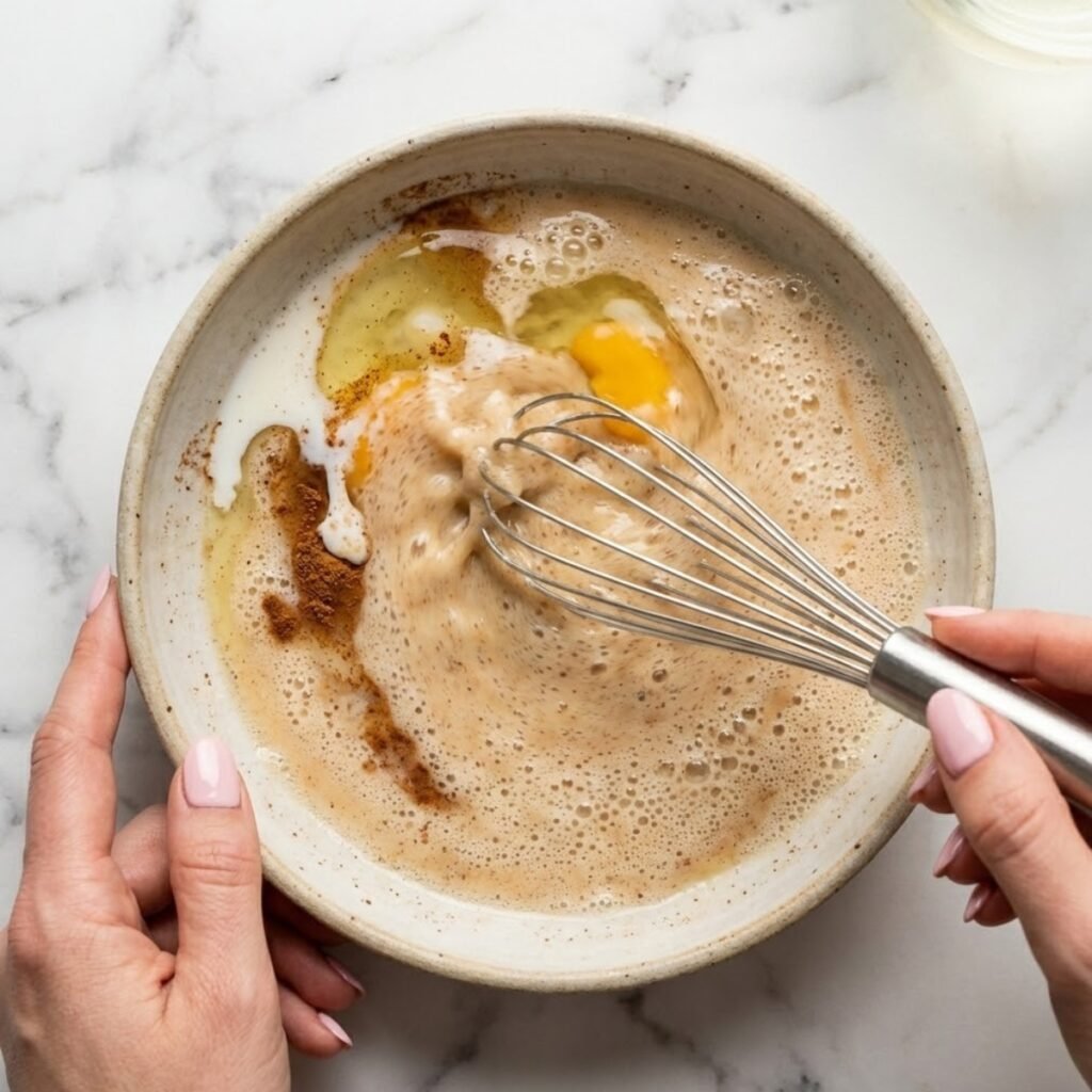 Close-up overhead view of hands whisking egg, milk, and spice custard in a shallow dish on a marble counter.