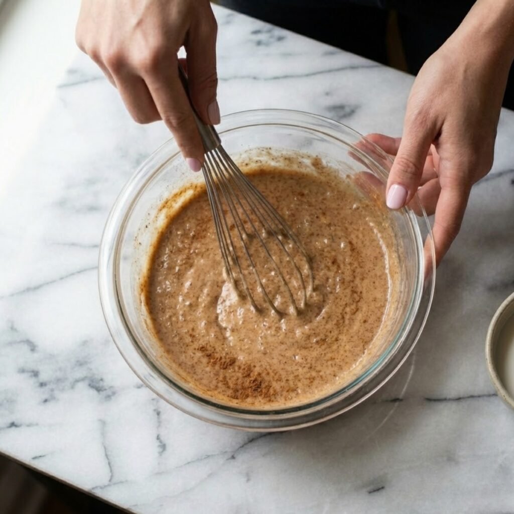 Top-down view of hands with pink nails whisking a cinnamon-speckled pancake batter in a glass bowl.
