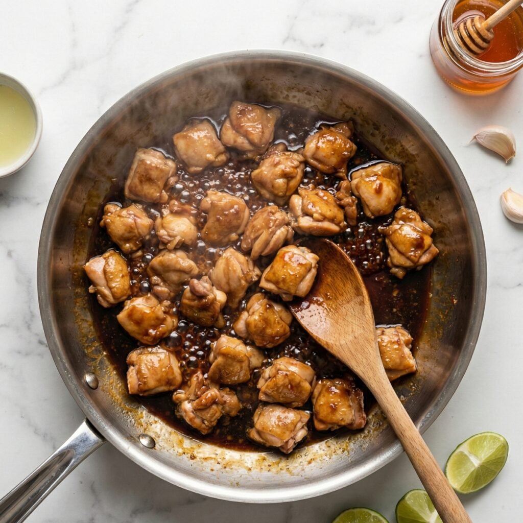 See the chicken thighs simmering in the sticky honey lime glaze. This step creates the irresistible dark, savory-sweet coating.