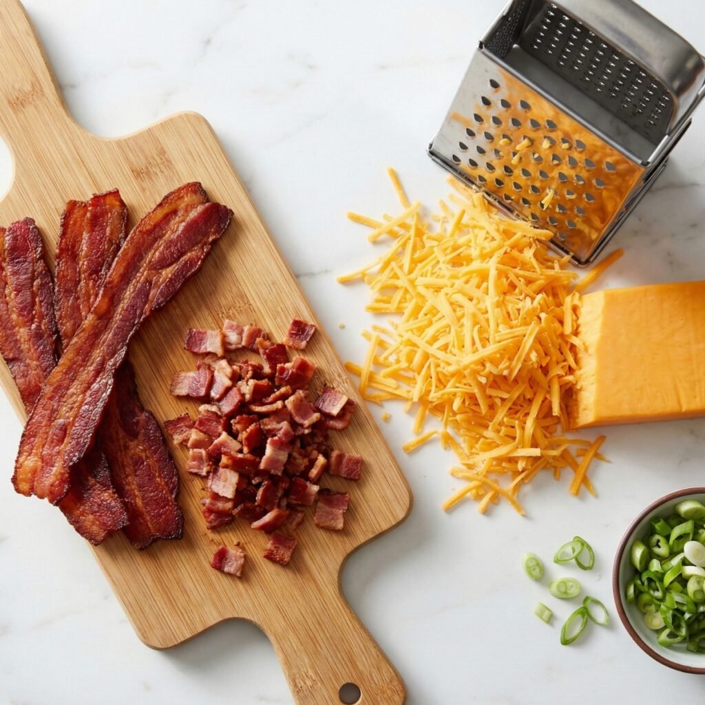 See the key ingredients for Steakhouse Potato Salad: crispy thick-cut bacon and freshly grated sharp cheddar cheese. Grating your own cheese ensures the best flavor and creamy texture.