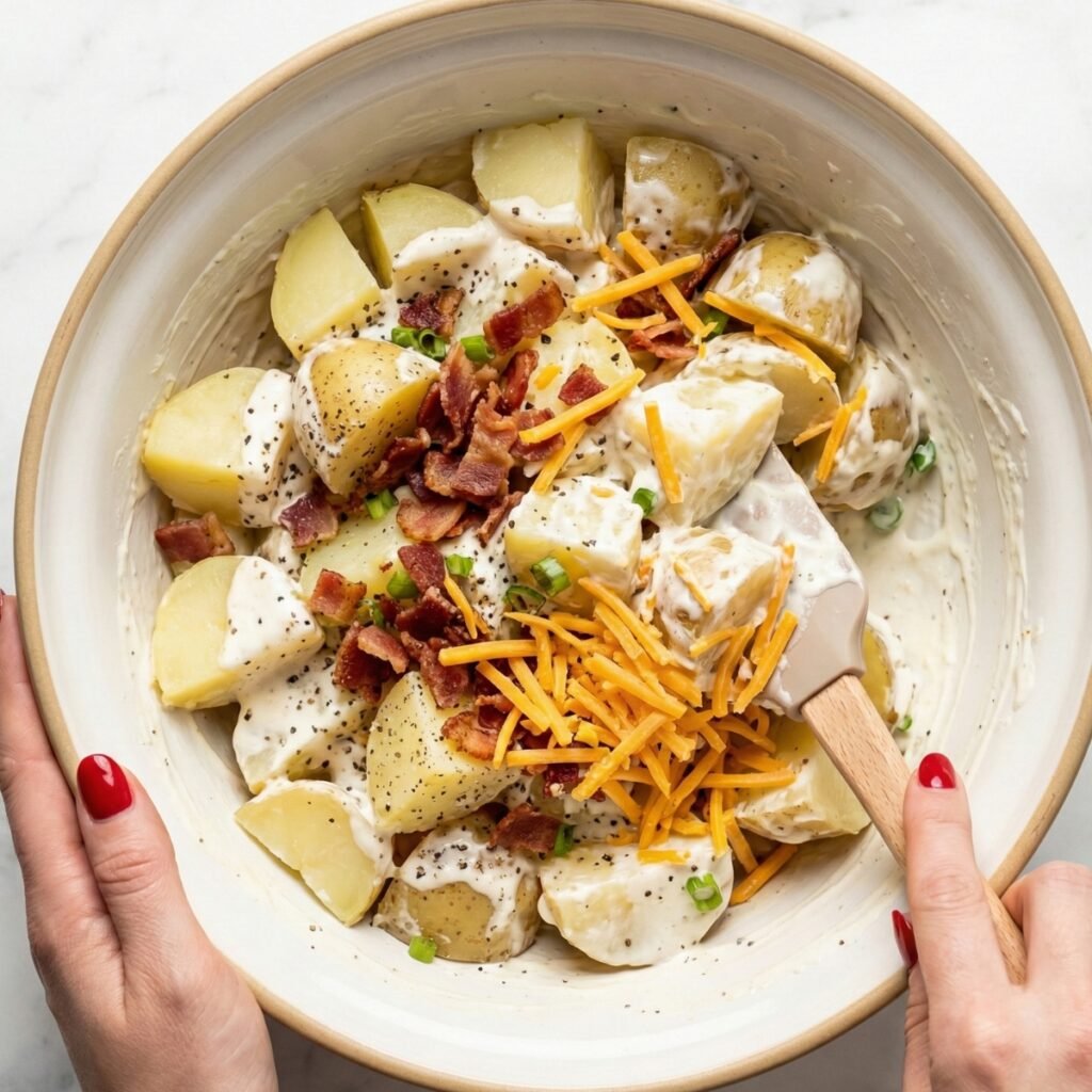 Watch as crispy bacon and cheddar cheese are gently folded into the creamy loaded potato salad. Use a spatula to coat the potatoes without mashing them.