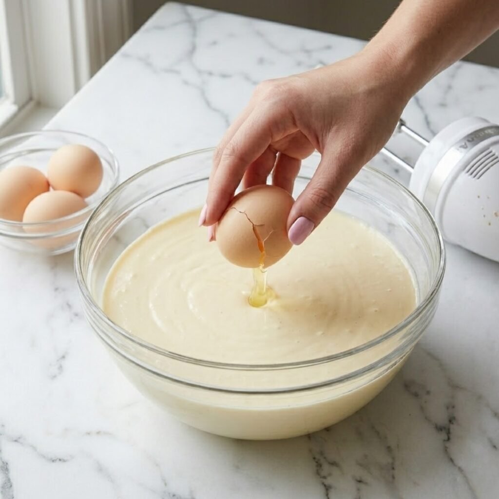 Square close-up shot focusing on a young woman's hand with baby pink manicured nails cracking an egg into a bowl of creamy cheesecake batter on a white marble counter.