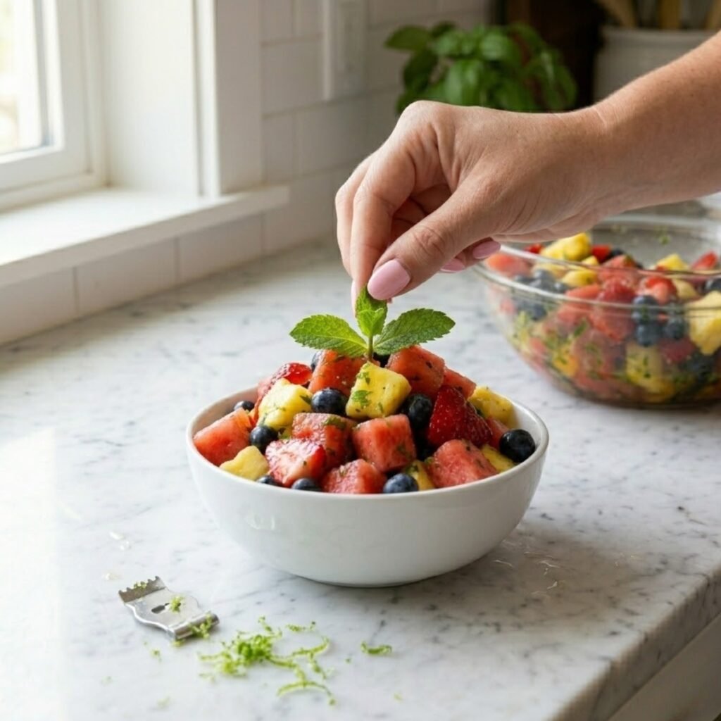 Square extreme close-up focusing on a young woman's hand with baby pink manicured nails placing a fresh mint sprig on top of a serving of ice-cold watermelon fruit salad in a white bowl on a white marble counter.