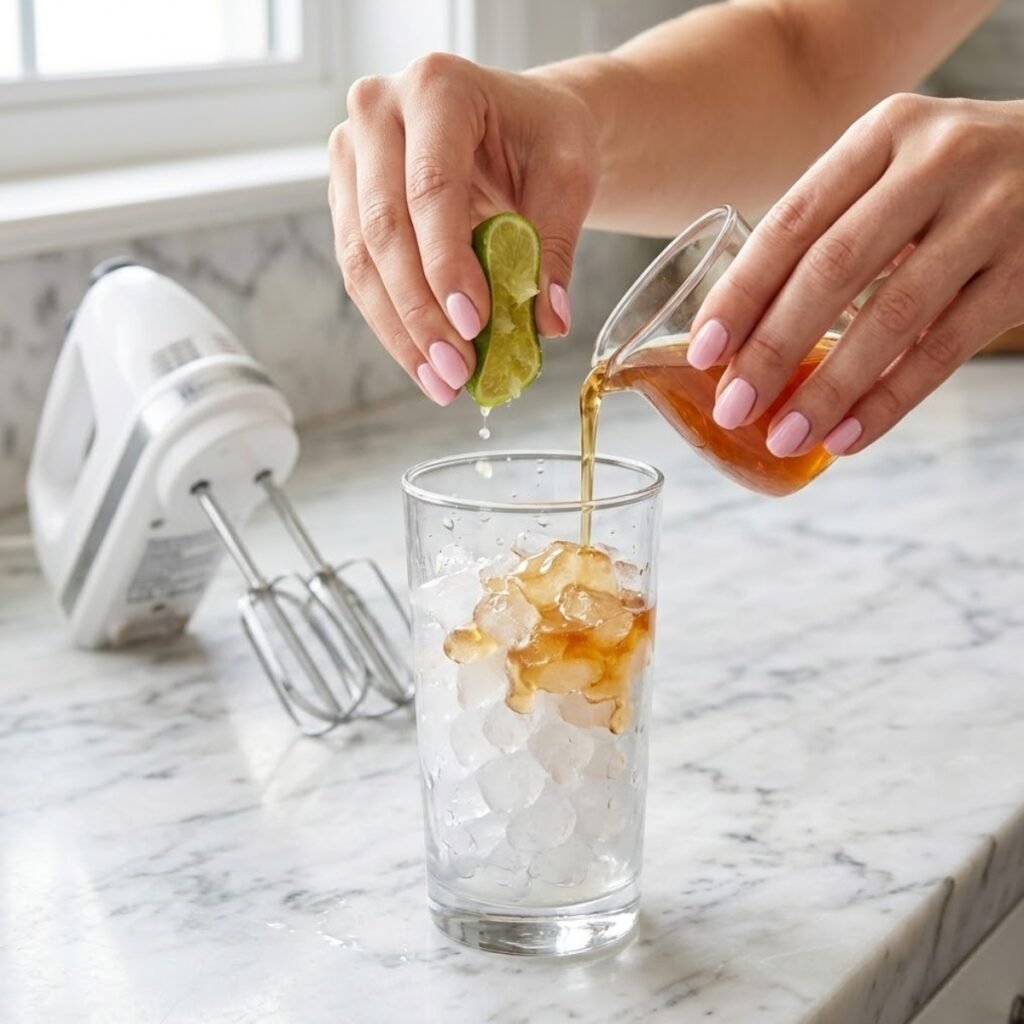 Square high-angle shot focusing on a young woman's hands with baby pink manicured nails adding peach syrup and fresh lime juice to a tall glass with ice on a white marble counter.