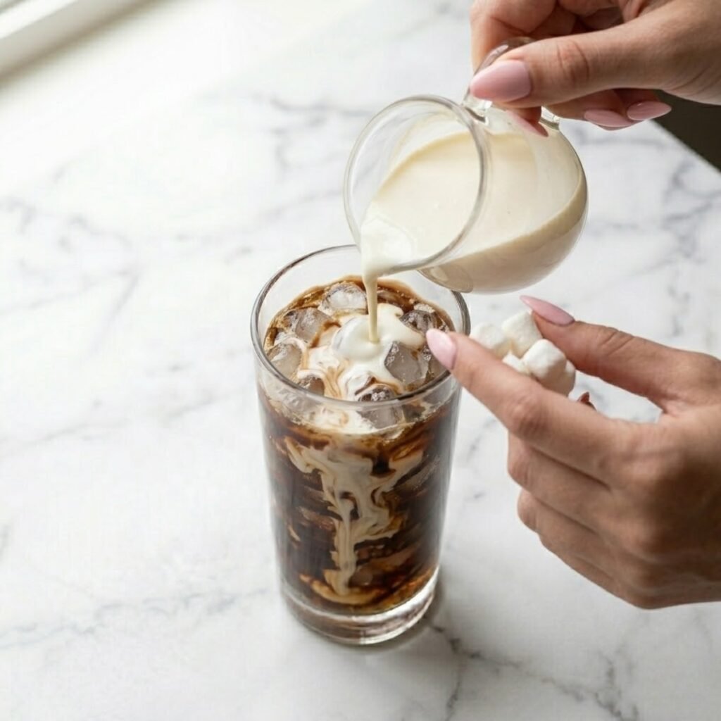 Square extreme close-up focusing on a young woman's hand with baby pink manicured nails slowly pouring thick heavy cream from a small glass pitcher into a tall glass full of pebble ice and dark cola. The view looks down, capturing the moment the cream swirls and marbles through the dark liquid. A reuseable straw is inserted.