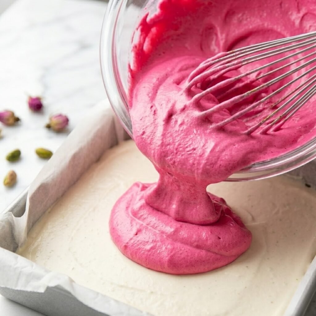 A bright pink rose-flavored cream being spread as the final top layer of a layered dessert.
