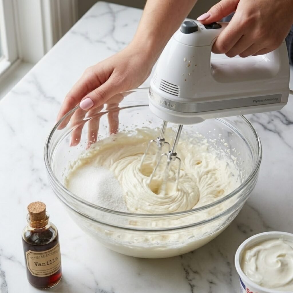 Square high-angle shot focusing on a young woman's hands with baby pink manicured nails using a hand mixer to blend cream cheese and sugar in a glass bowl on a white marble counter.