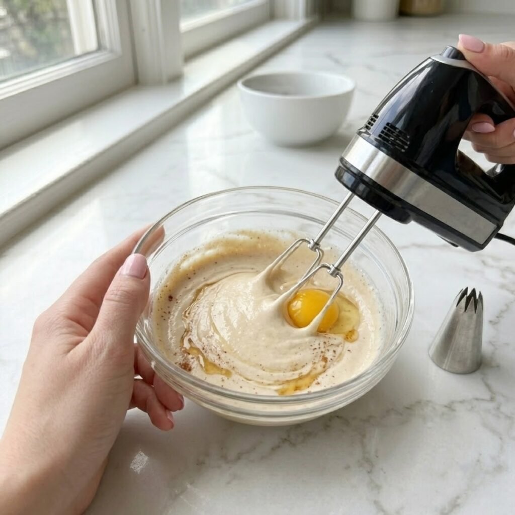 Square close-up shot focusing on a young woman's hands with baby pink manicured nails using a hand mixer to incorporate eggs into a glossy choux pastry dough in a bowl on a white marble counter.