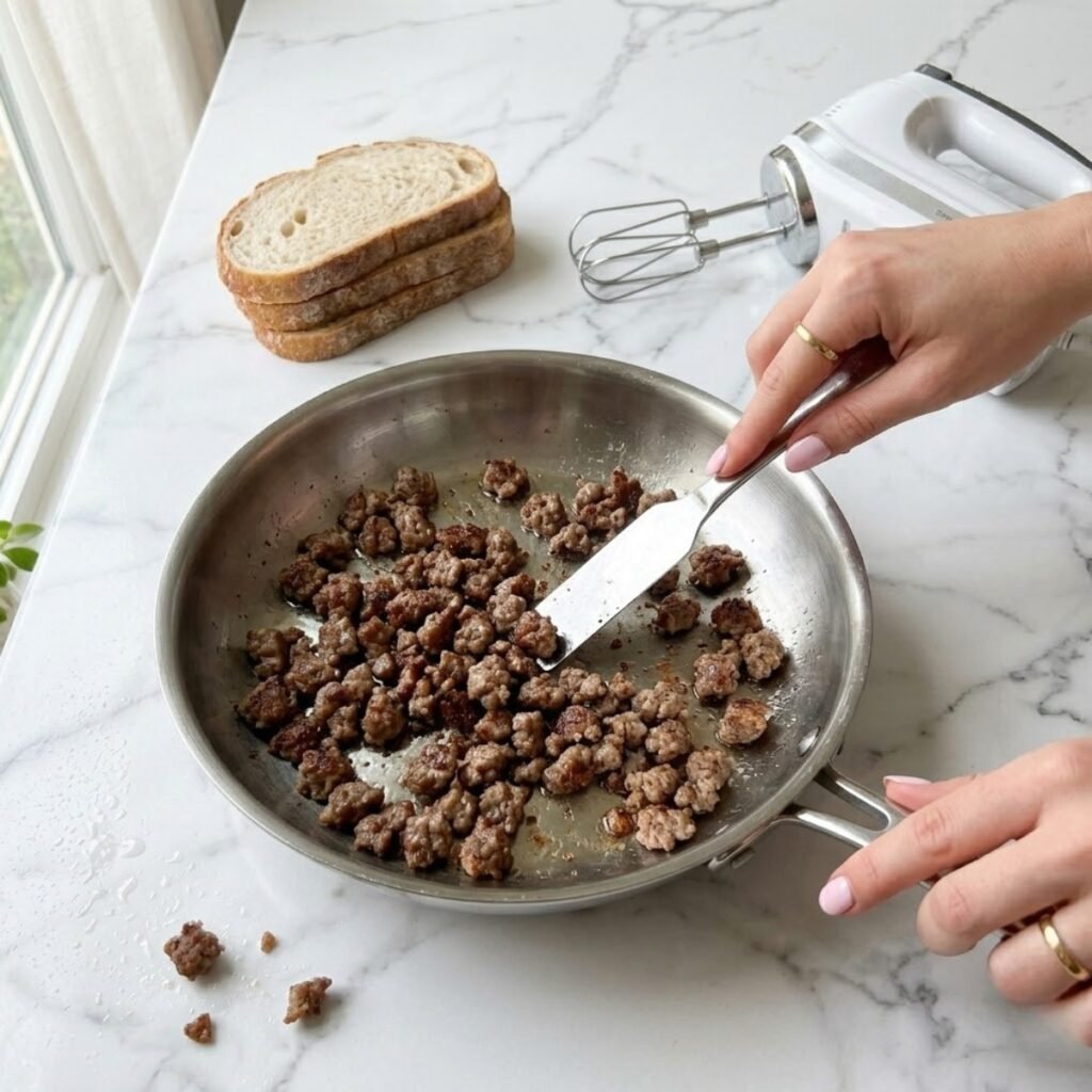 Square close-up shot focusing on a young woman's hands with baby pink manicured nails using a spatula to browning breakfast sausage in a skillet on a white marble counter.