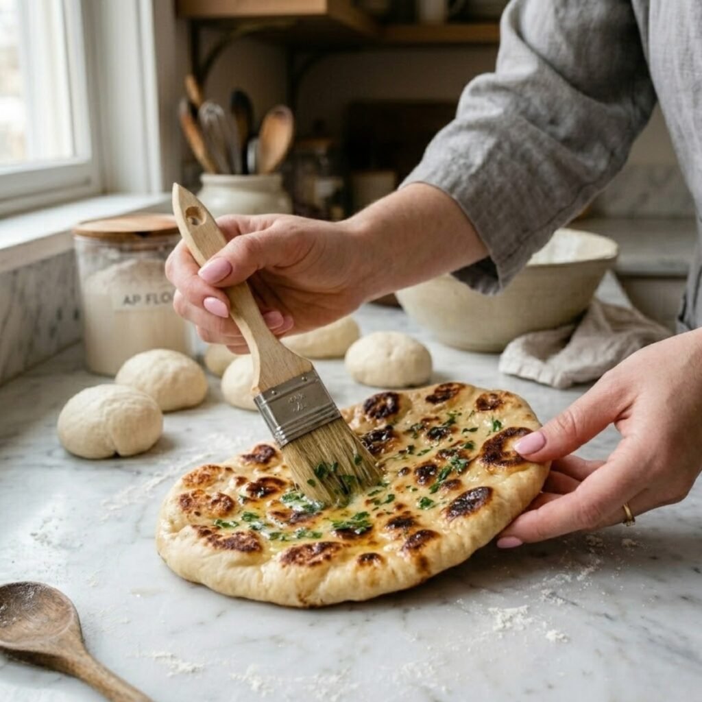Square close-up focusing on a young woman's hands with baby pink manicured nails using a pastry brush to apply melted herb butter onto a warm, golden-spotted flatbread on a white marble counter.