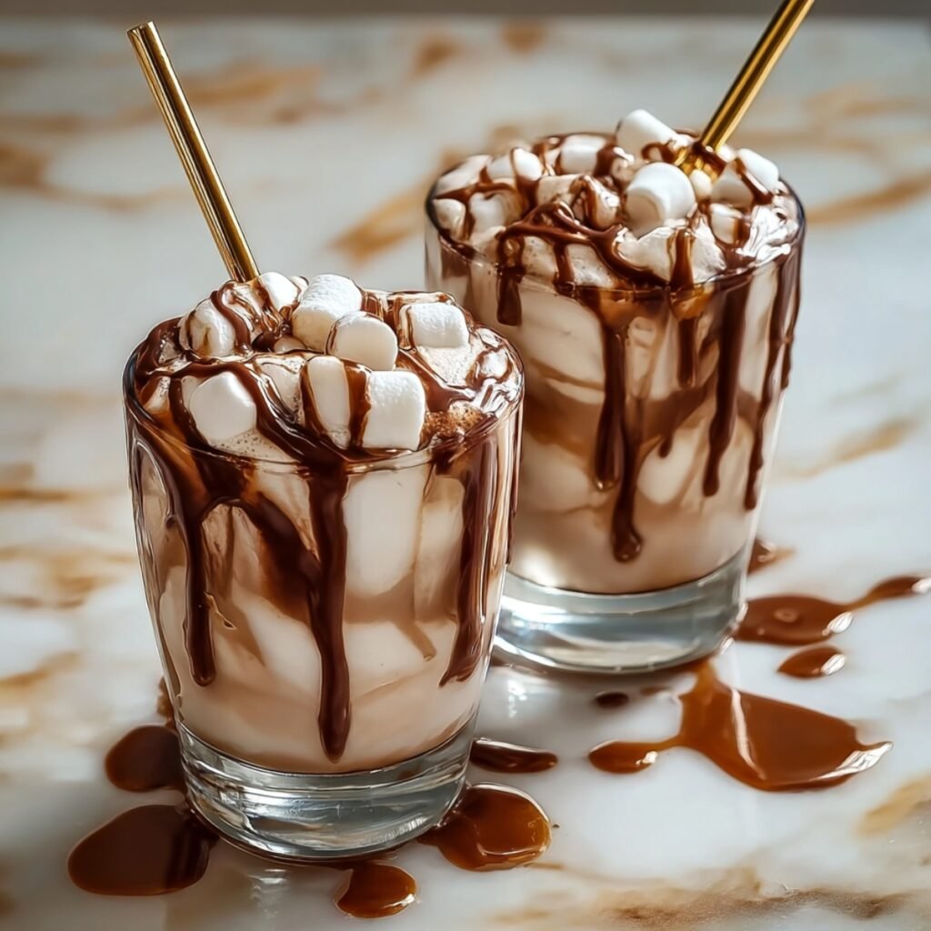 Campfire Cola Dirty Soda in two glasses with creamy cola, drizzled chocolate sauce, mini marshmallows, and gold metal straws on a marble surface.