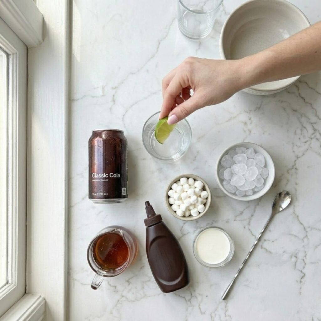 Square overhead view of raw ingredients for Campfire Cola Dirty Soda, including a can of dark cola, chocolate syrup, toasted marshmallow syrup, heavy cream, mini marshmallows, pebble ice, and a lime wedge, neatly arranged as separated components on a white marble counter. A woman's hand with baby pink manicured nails is shown placing the lime into a small glass. The perspective is directly top-down.