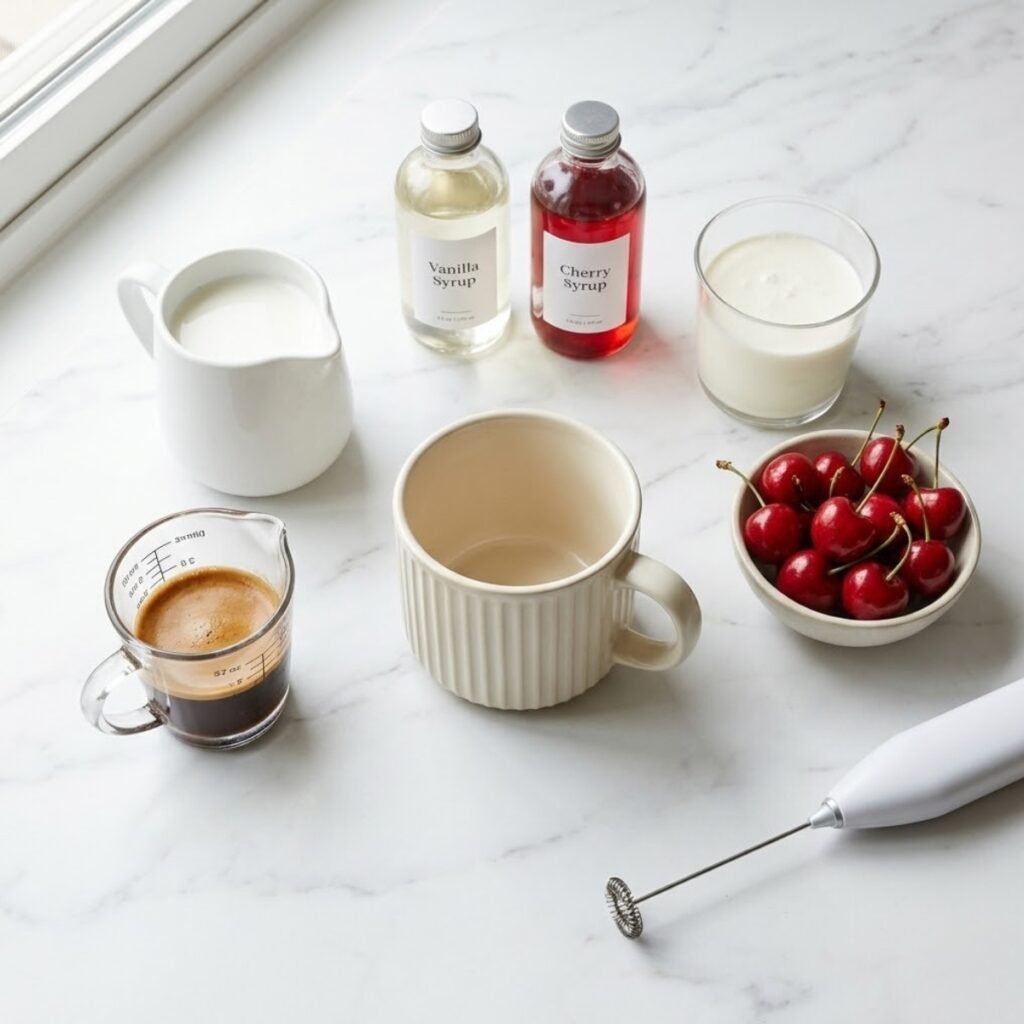 Overhead view of espresso, milk, cream, syrups, and fresh cherries on a white marble counter. No hands.