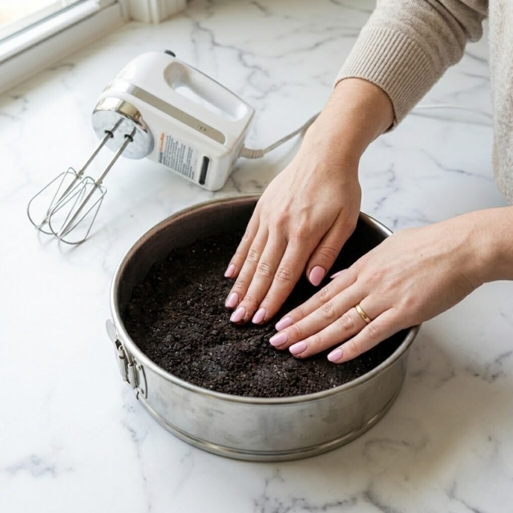 Square close-up shot focusing on a young woman's hands with baby pink manicured nails pressing a dark chocolate cookie crumb crust mixture into a springform pan on a white marble counter.