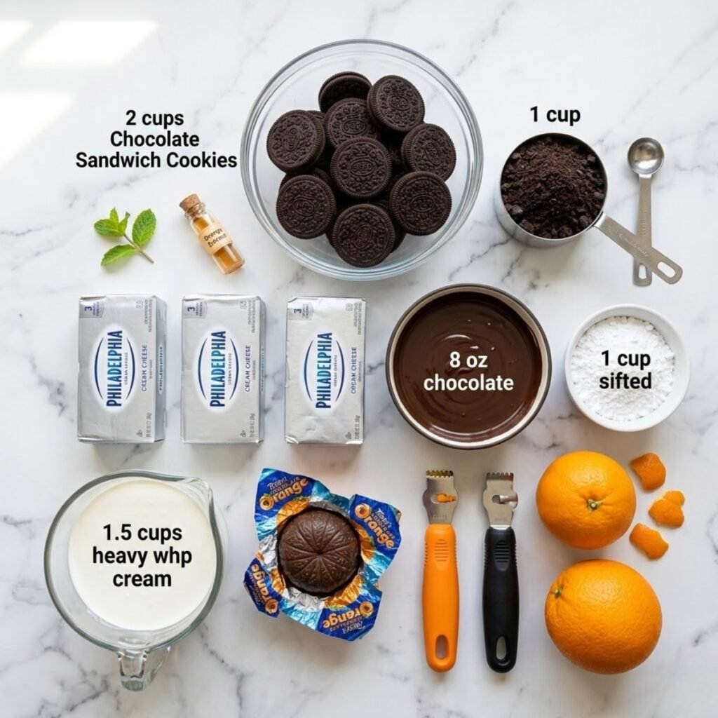 Square overhead view of raw ingredients for Terry's chocolate orange cheesecake, including chocolate sandwich cookies, cream cheese, dark chocolate, powdered sugar, oranges, and heavy cream, neatly arranged on a white marble counter. No hands.