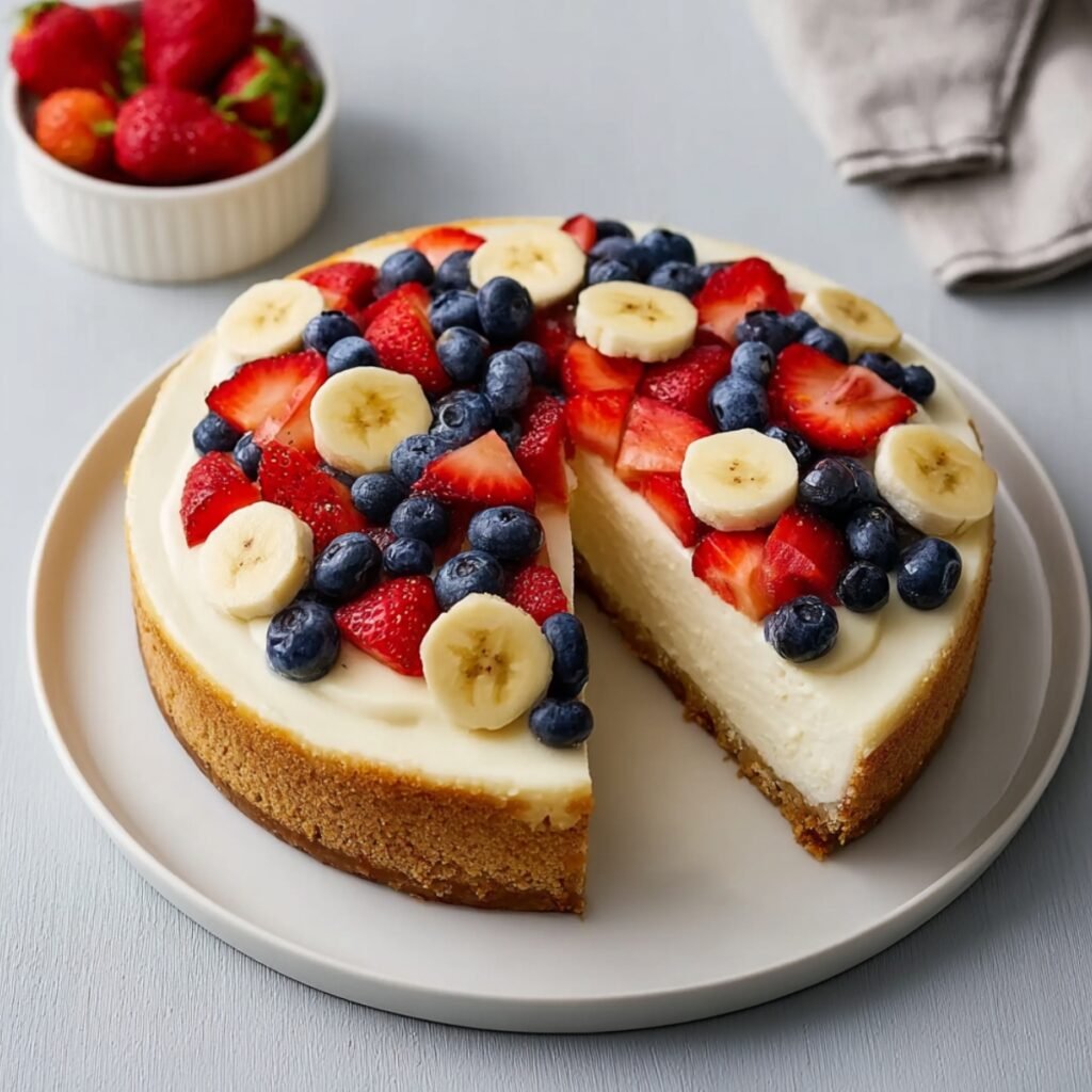 Cream Cheese Cheesecake on a graham cracker crust topped with fresh strawberries, blueberries, and banana slices, with one slice removed.