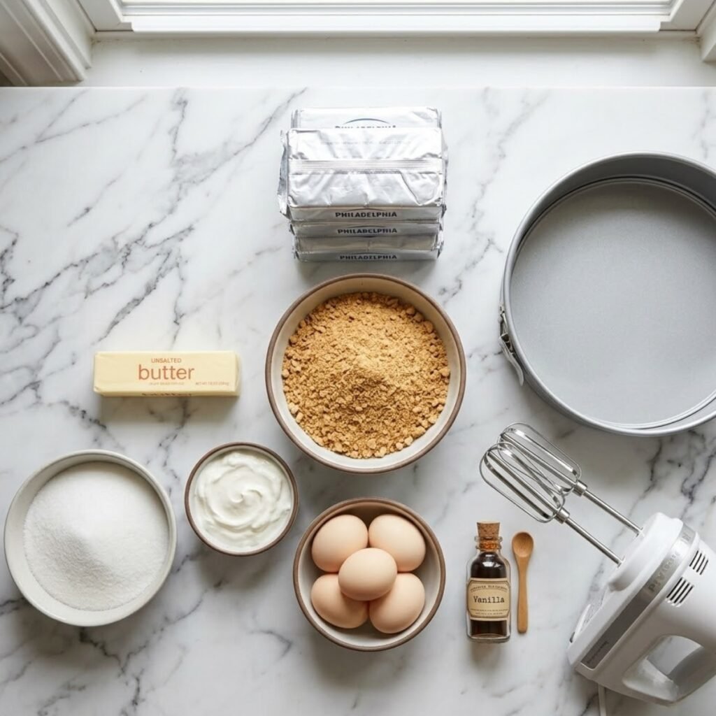 Square overhead view of raw ingredients for a classic cheesecake, including cream cheese, graham crackers, butter, sugar, sour cream, eggs, and vanilla, neatly arranged on a white marble counter. No hands.