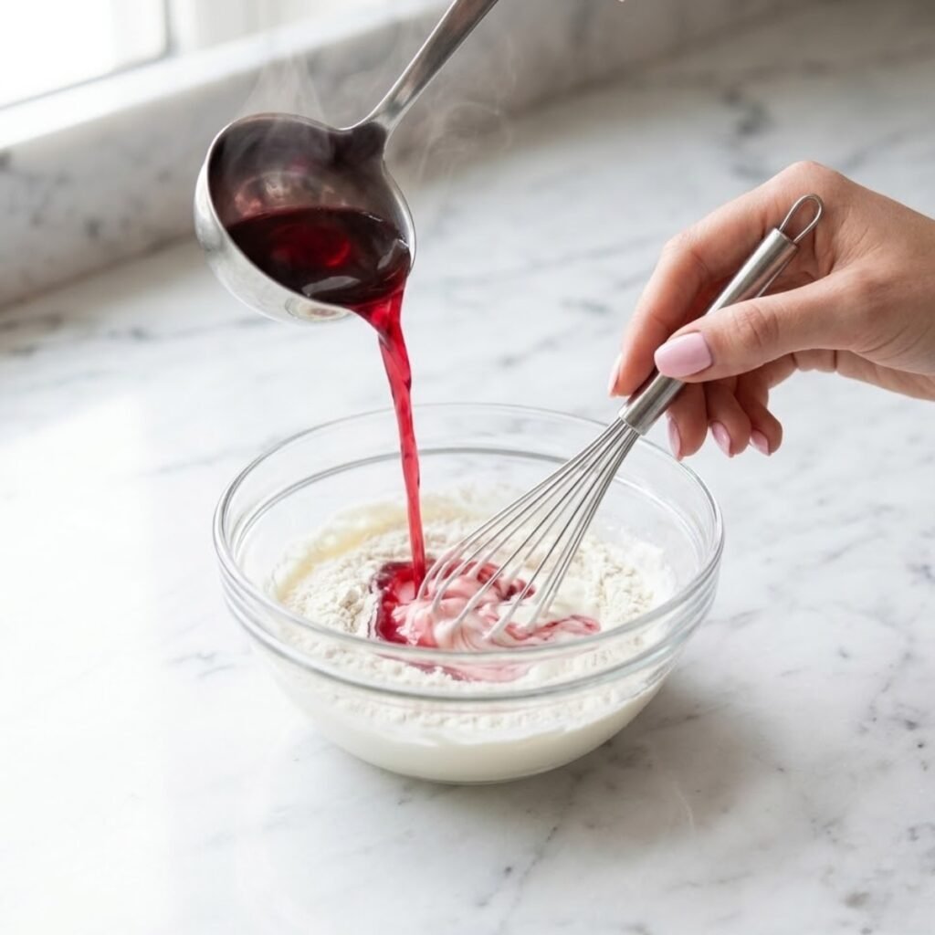 Whisking sour cream and flour while adding hot cherry liquid on a marble counter.