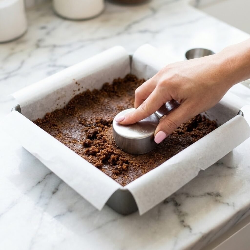 Square close-up shot focusing on a young woman's hand with baby pink manicured nails using a measuring cup to firmly press a graham cracker crumb crust mixture into the parchment-lined corner of a square baking pan on a white marble counter.