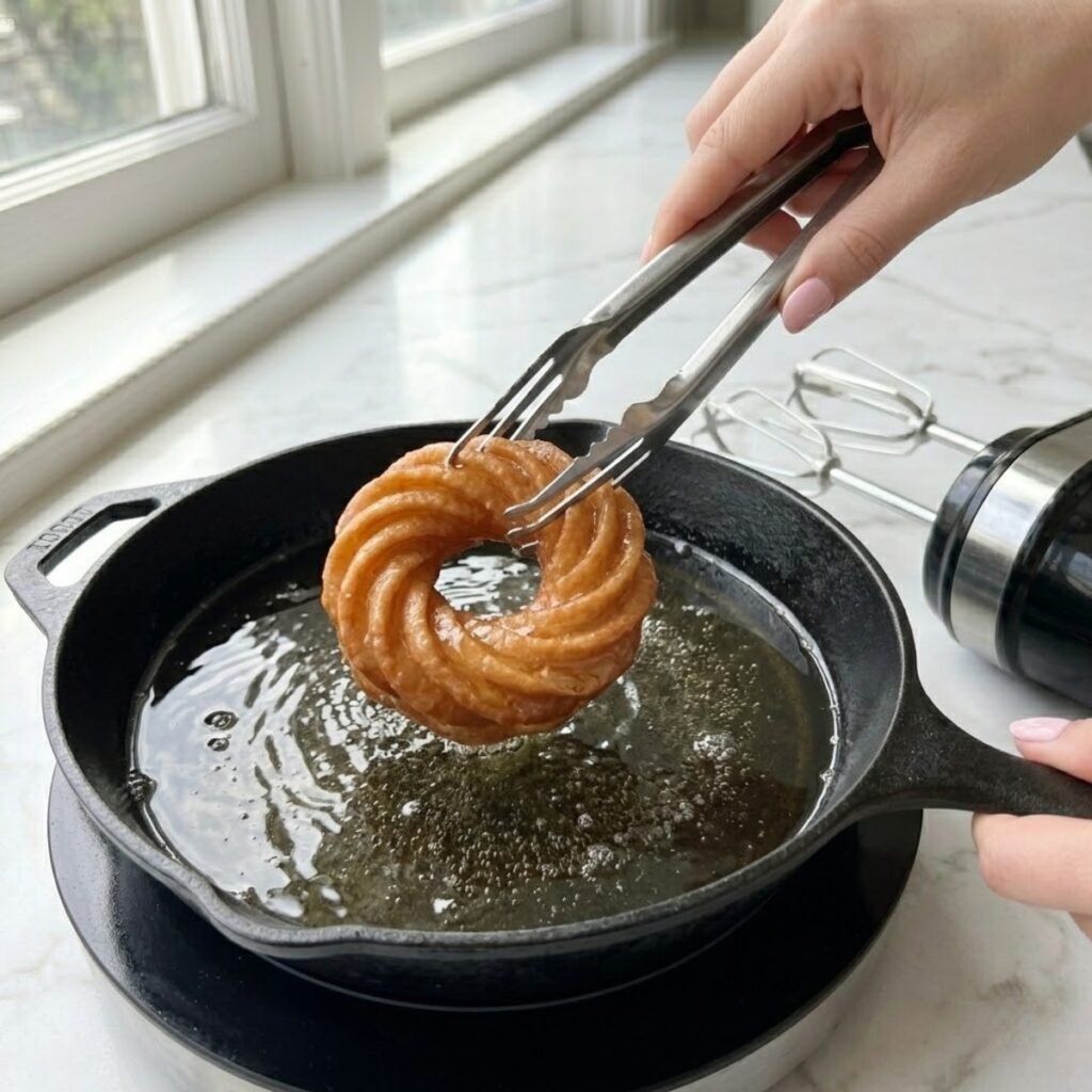 Square close-up shot focusing on a young woman's hands with baby pink manicured nails using tongs to flip a golden-brown cruller donut in hot oil in a skillet on an induction hob with a white marble counter.