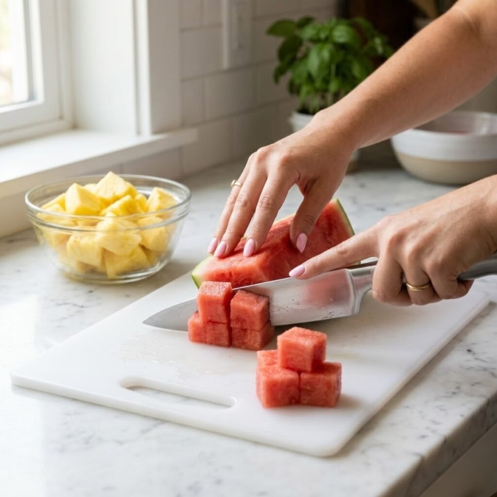 Square close-up shot focusing on a young woman's hands with baby pink manicured nails using a chef's knife to dice cold watermelon on a cutting board on a white marble counter.
