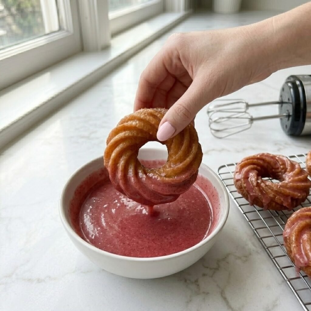 Square extreme close-up focusing on a young woman's hand with baby pink manicured nails dipping a cruller donut into a vibrant pink strawberry glaze in a bowl on a white marble counter.